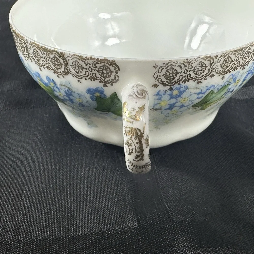 Forget-Me-Not Tea cup Saucer Translucent Fine Porcelain Gold‎ Filigree Ivy ANTQ